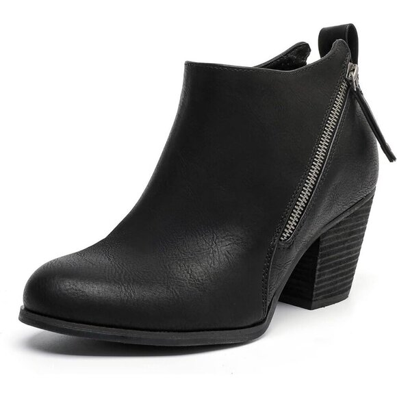 Women's Black Wide Width Ankle Mid Heel Side Zipper Booties. - Picture 2 of 7